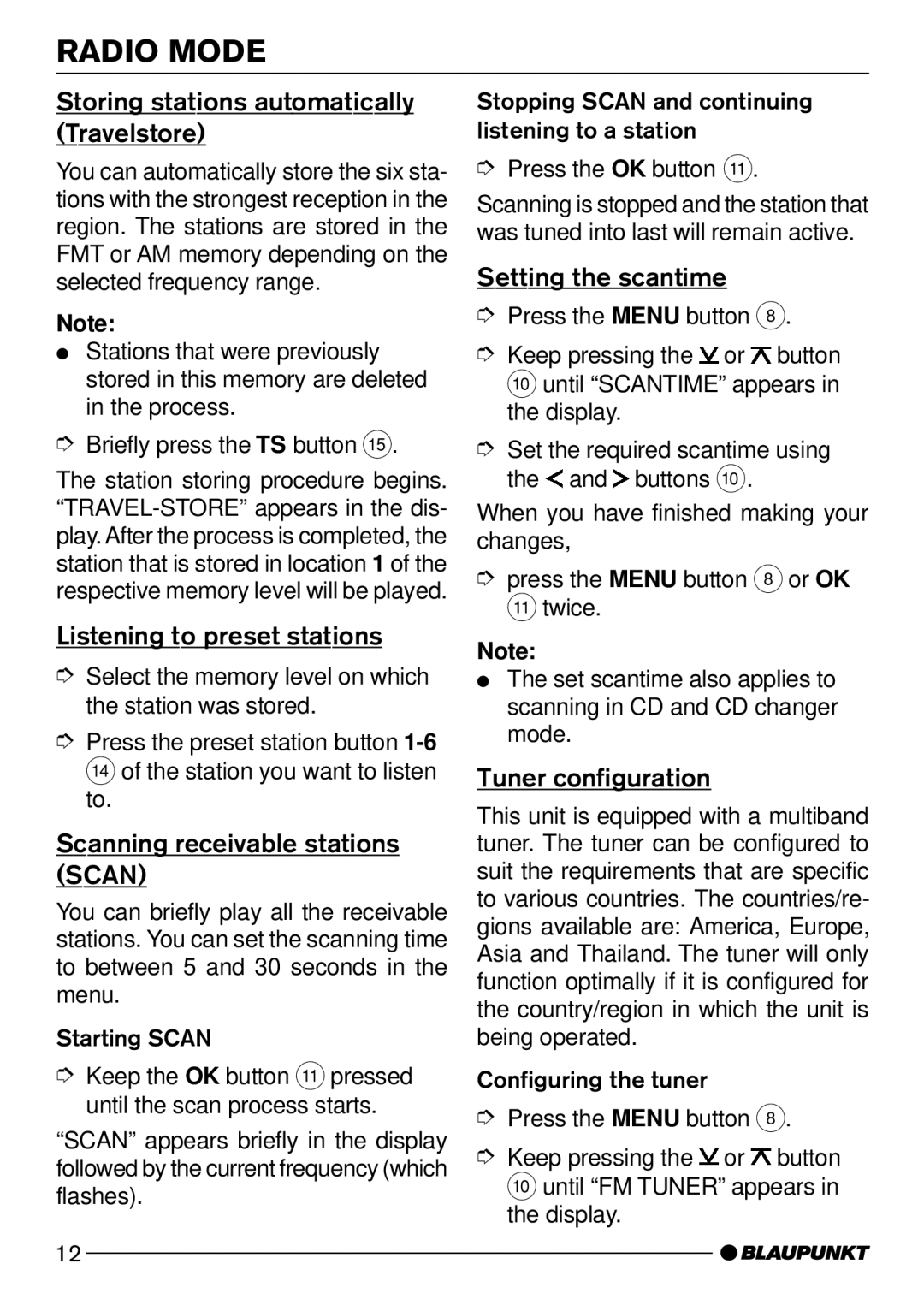 Blaupunkt CD51 Storing stations automatically Travelstore, Listening to preset stations, Scanning receivable stations Scan 