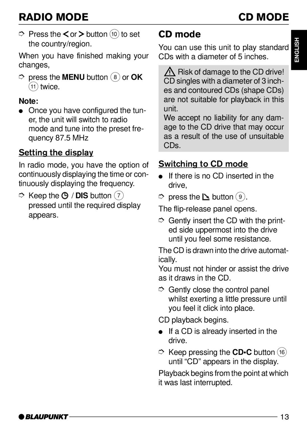 Blaupunkt Tampa Bay CD51 operating instructions Radio Mode CD Mode, Setting the display, Switching to CD mode 