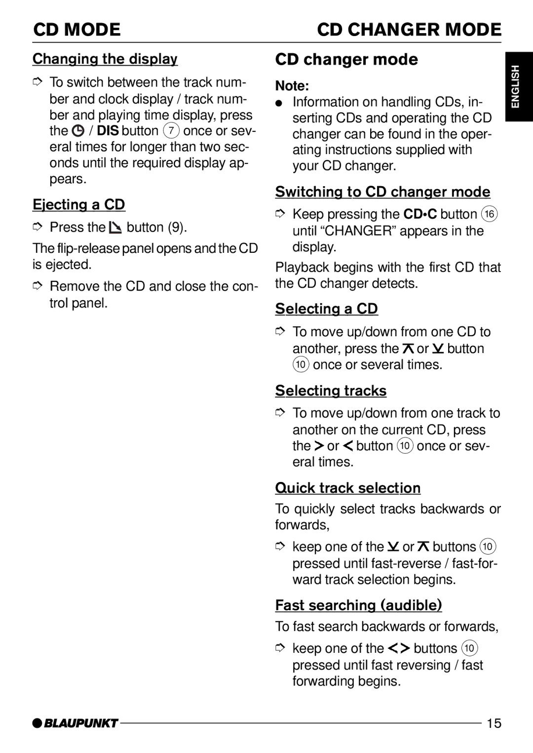 Blaupunkt Tampa Bay CD51 CD Mode CD Changer Mode, CD changer mode, Changing the display, Ejecting a CD 