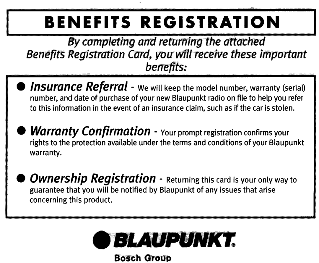 Blaupunkt Tampa Bay CD51 operating instructions Benefits Registration 