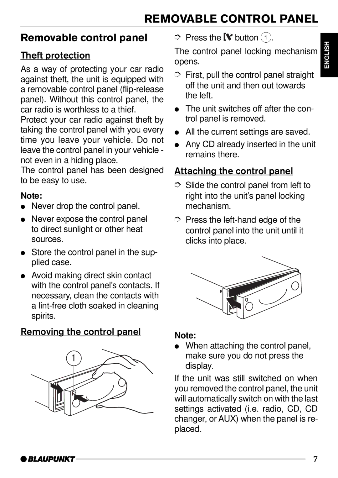 Blaupunkt Tampa Bay CD51 Removable Control Panel, Removable control panel, Theft protection, Removing the control panel 