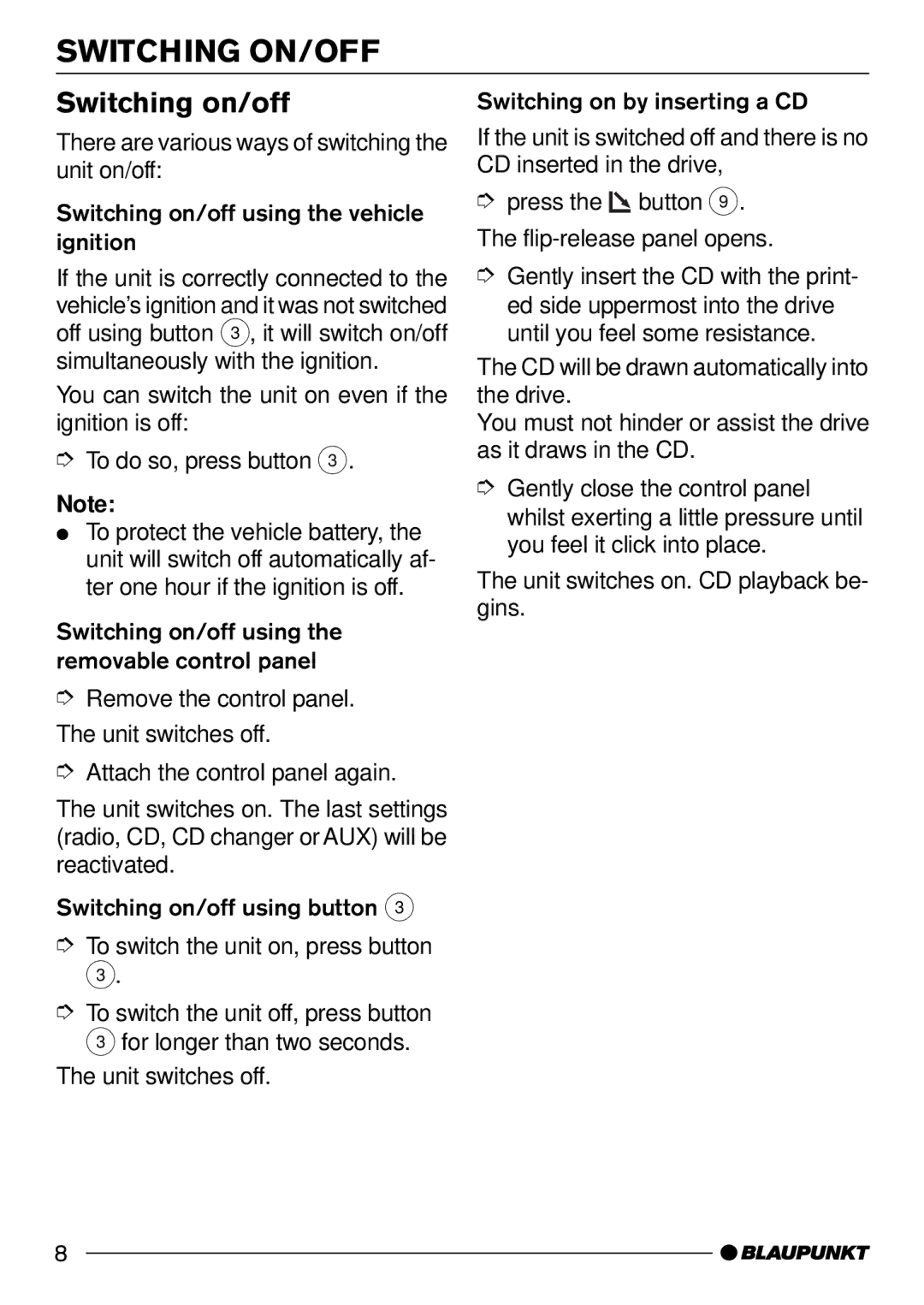 Blaupunkt Tampa Bay CD51 operating instructions Switching ON/OFF, Switching on/off 