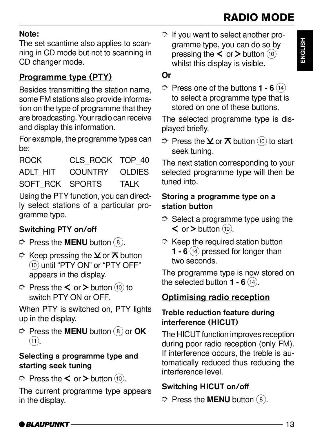 Blaupunkt CD52 7 642 295 310 Programme type PTY, Optimising radio reception, For example, the programme types can be 