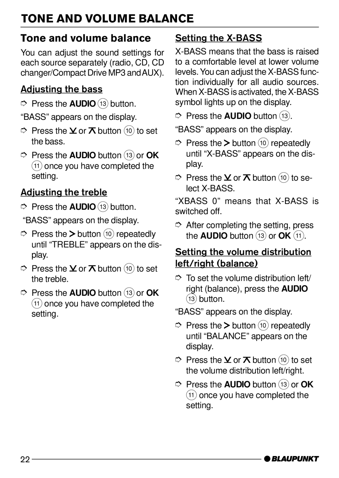 Blaupunkt CD52 7 642 285 310, CD52 7 642 295 310 operating instructions Tone and Volume Balance, Tone and volume balance 