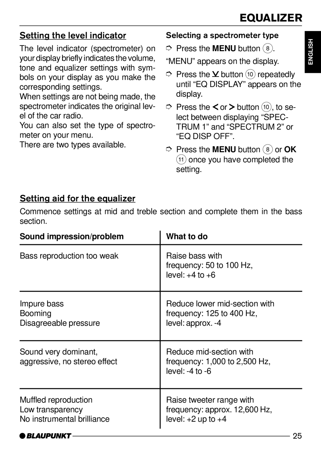 Blaupunkt CD52 7 642 295 310, CD52 7 642 285 310 Setting the level indicator, Setting aid for the equalizer 