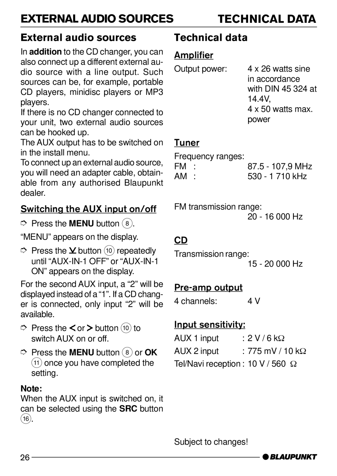 Blaupunkt CD52 7 642 285 310, CD52 7 642 295 310 External Audio Sources, External audio sources, Technical data 