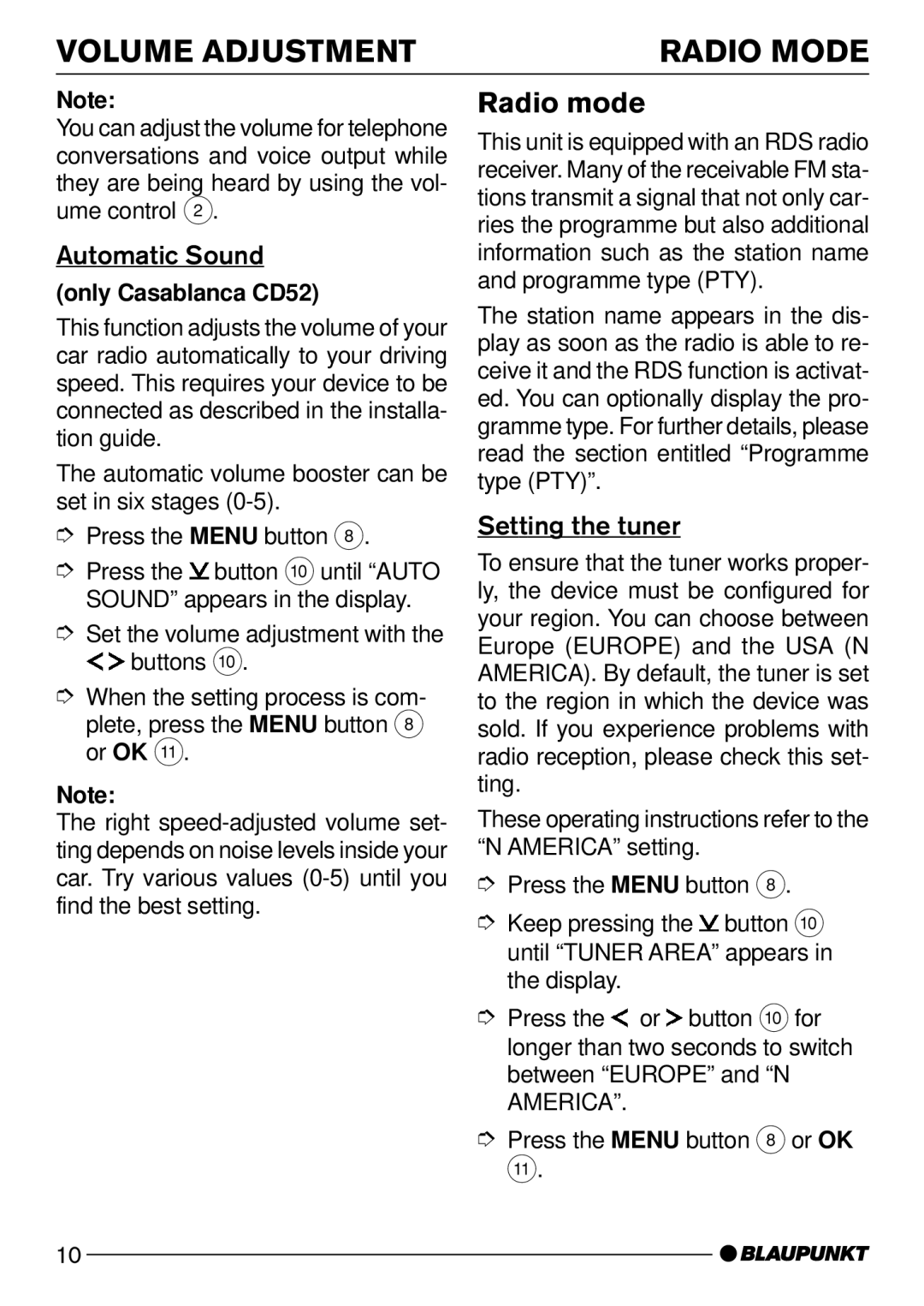Blaupunkt CD52 manual Volume Adjustment Radio Mode, Radio mode, Automatic Sound, Setting the tuner 