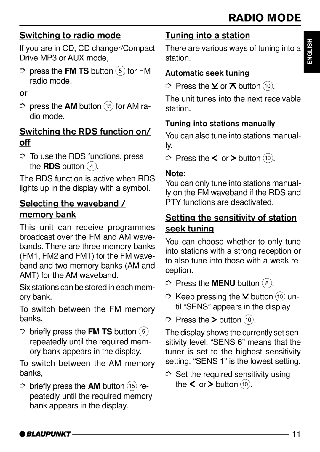 Blaupunkt CD52 manual Switching to radio mode, Switching the RDS function on/ off, Selecting the waveband / memory bank 