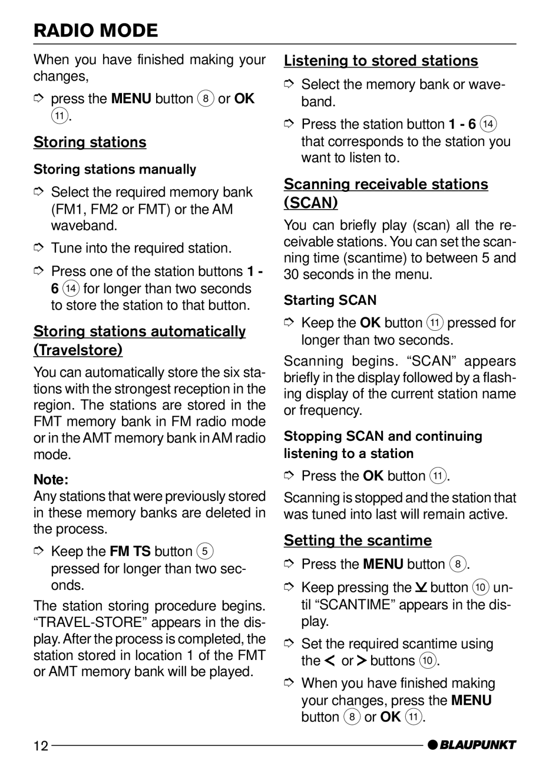 Blaupunkt CD52 manual Storing stations automatically Travelstore, Listening to stored stations, Setting the scantime 