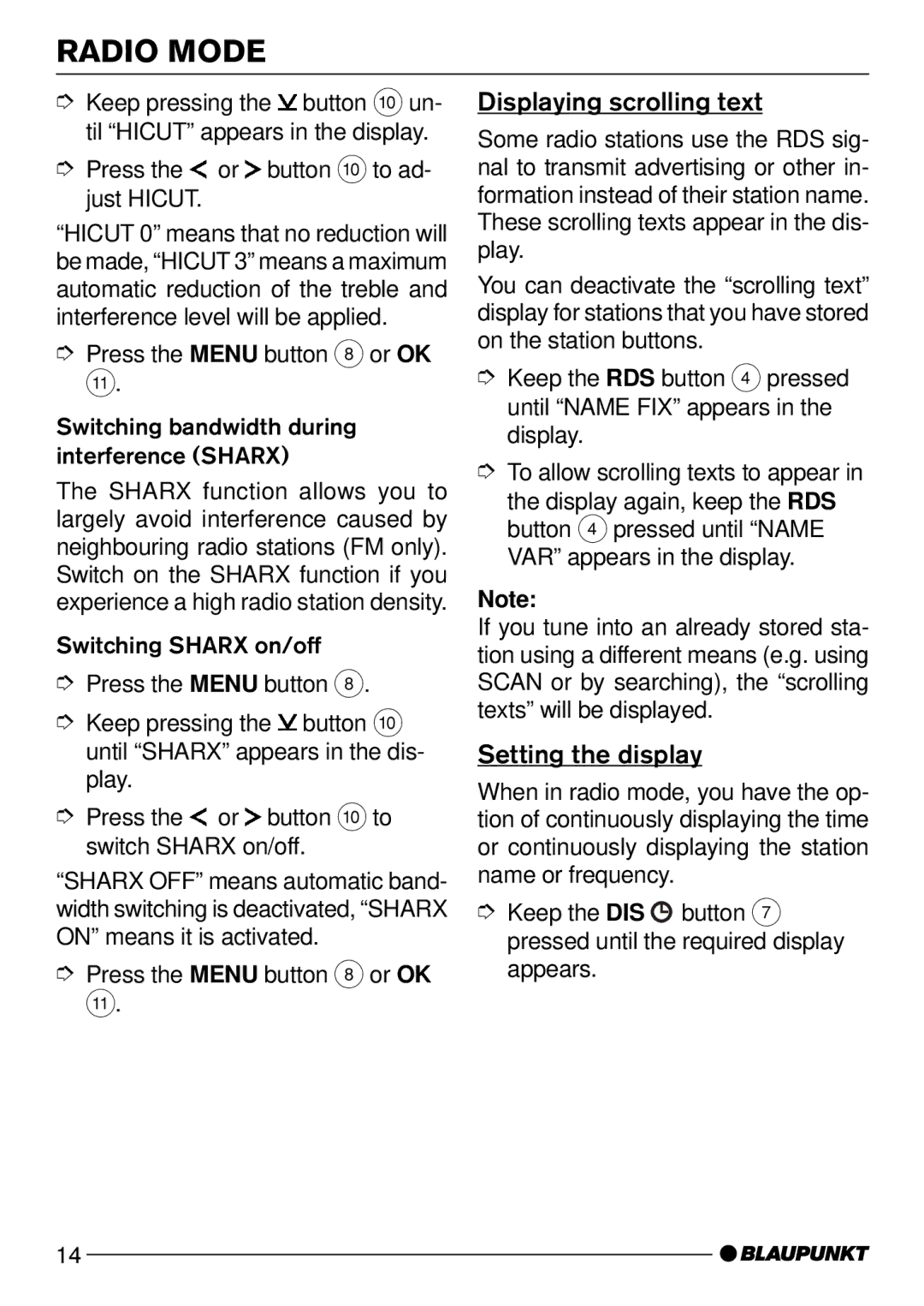 Blaupunkt CD52 manual Displaying scrolling text, Setting the display 