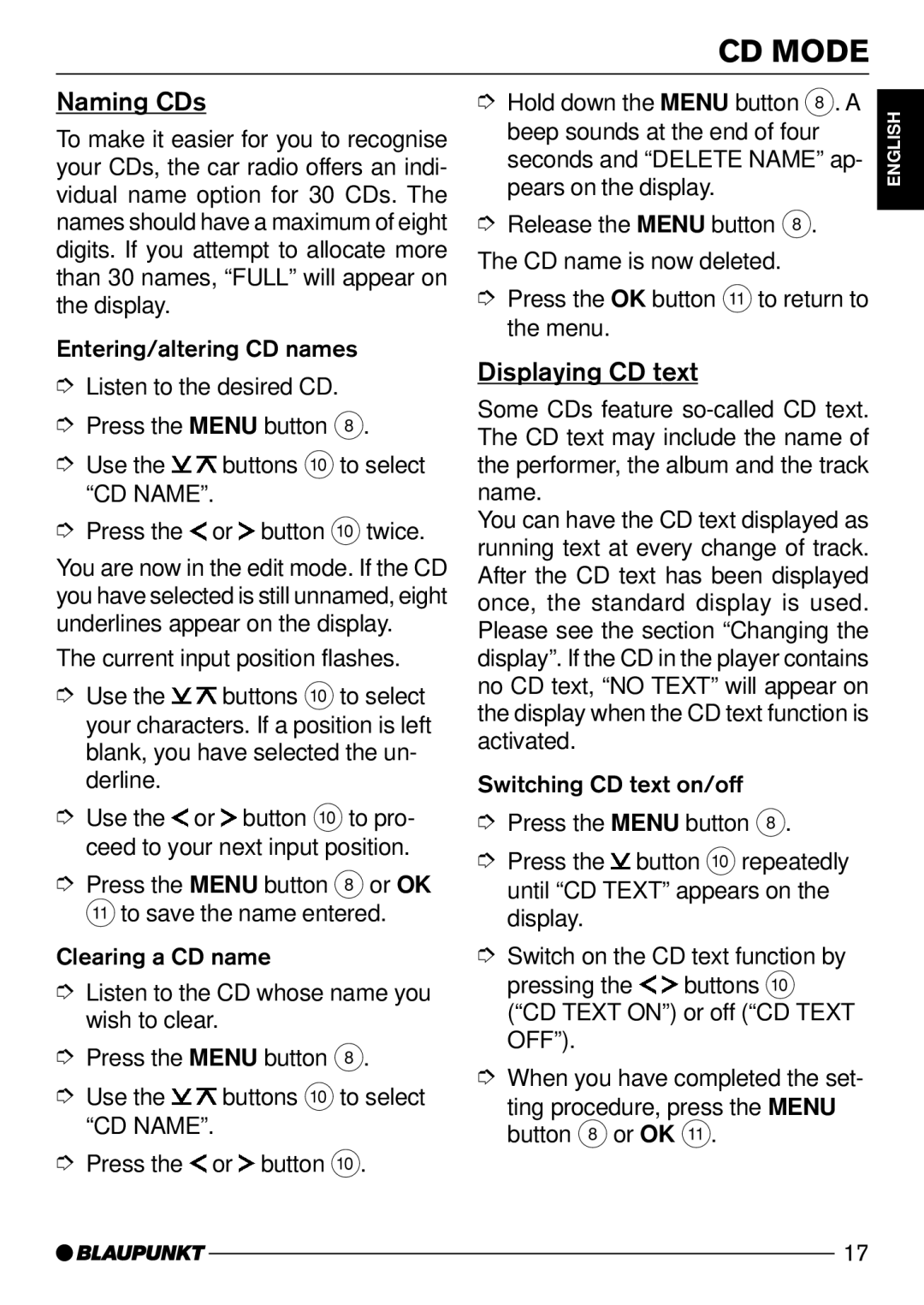 Blaupunkt CD52 manual Naming CDs, Displaying CD text 