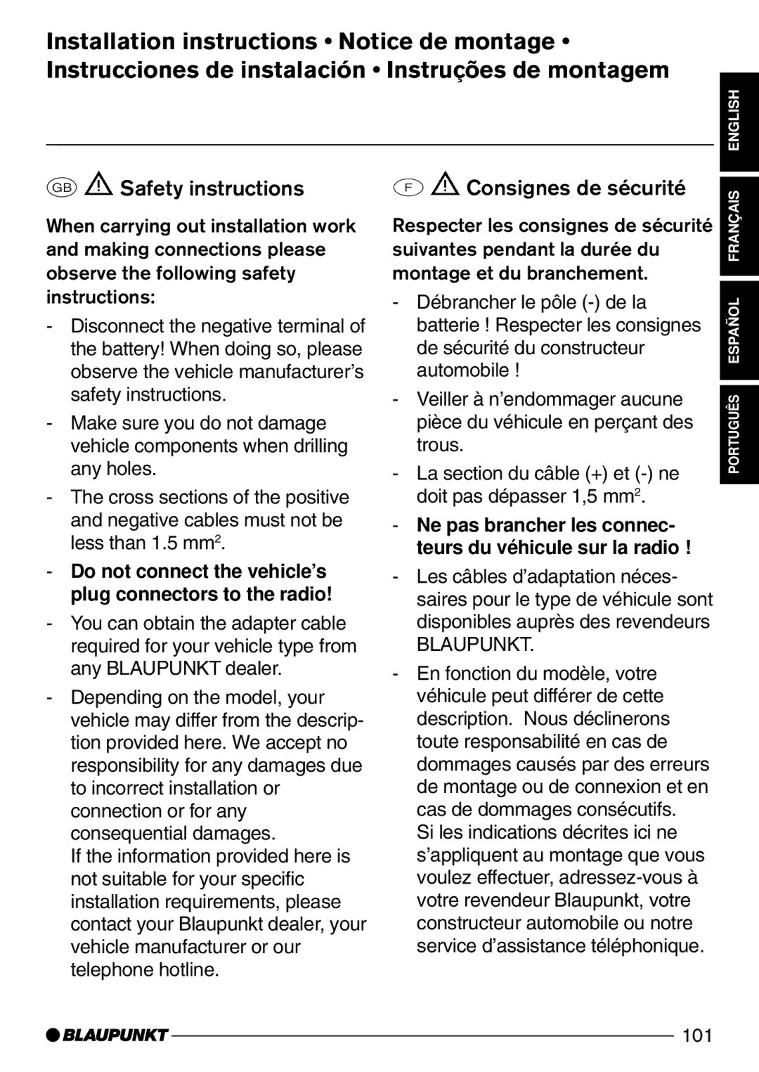 Blaupunkt CD52 manual GB Safety instructions, Consignes de sécurité 