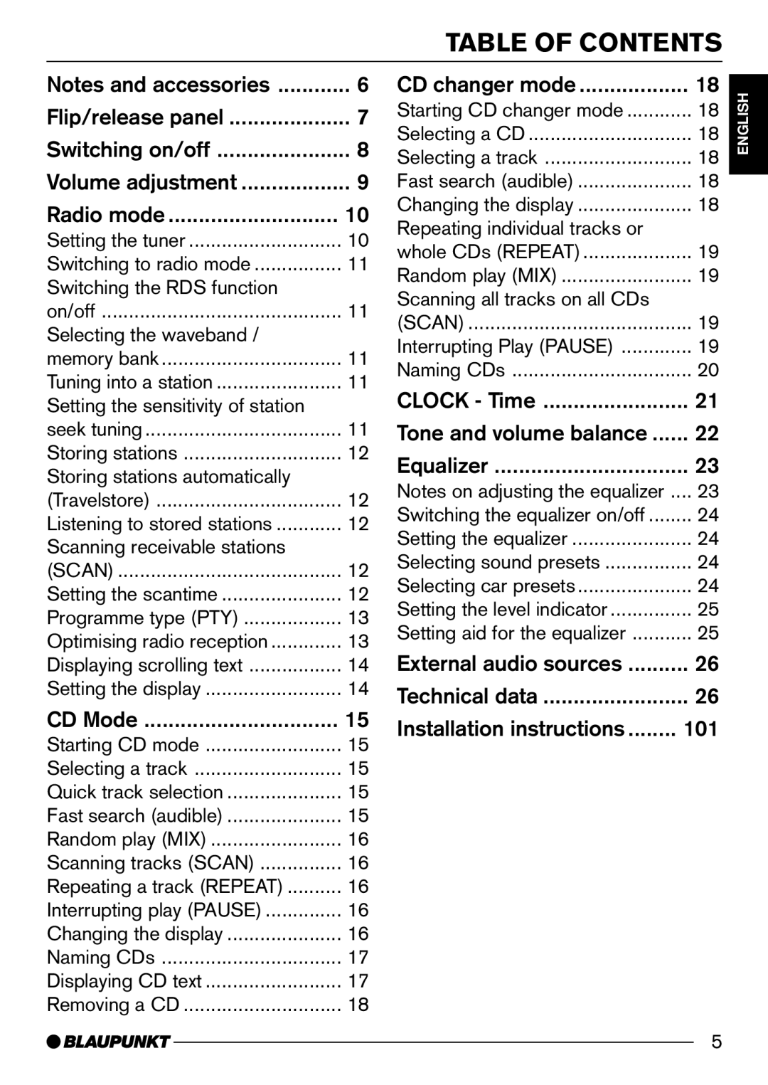 Blaupunkt CD52 manual Table of Contents 