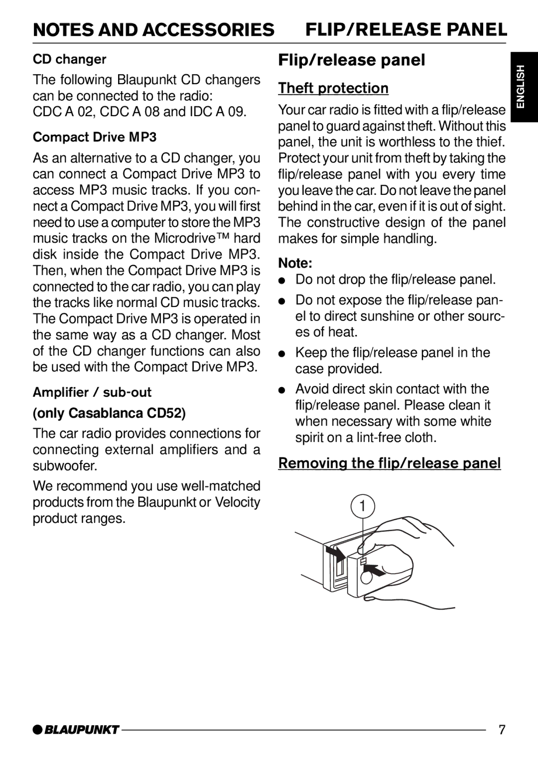 Blaupunkt CD52 manual Flip/release panel, Theft protection, Removing the flip/release panel 