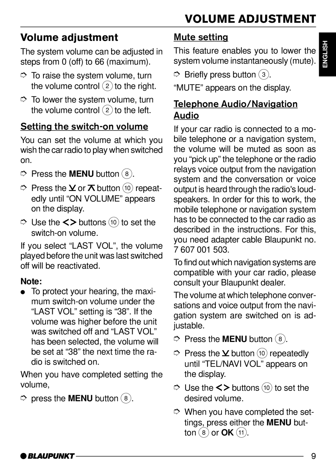 Blaupunkt CD52 manual Volume Adjustment, Volume adjustment, Setting the switch-on volume, Mute setting 