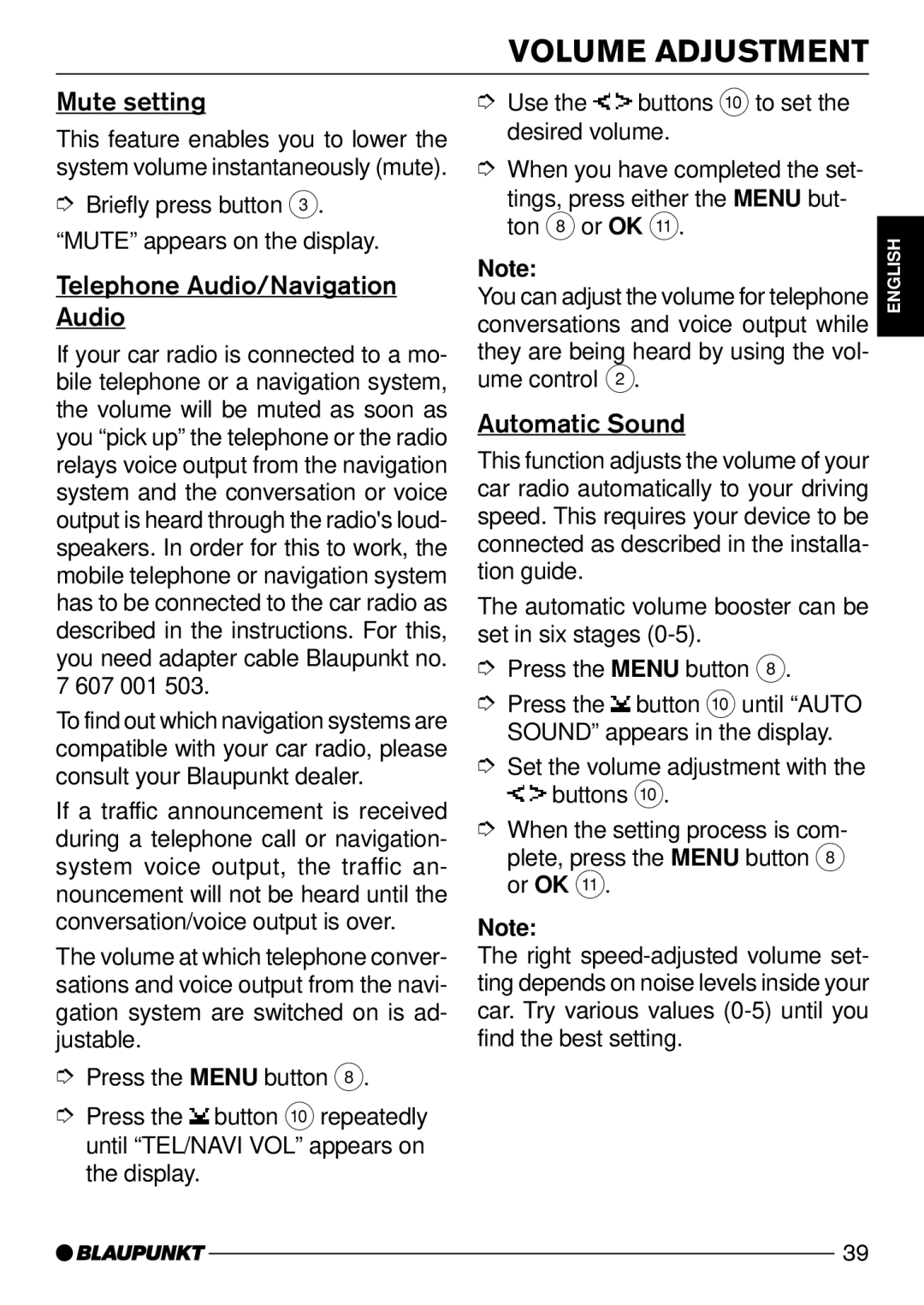 Blaupunkt CD52 operating instructions Volume Adjustment, Mute setting, Telephone Audio/Navigation Audio, Automatic Sound 