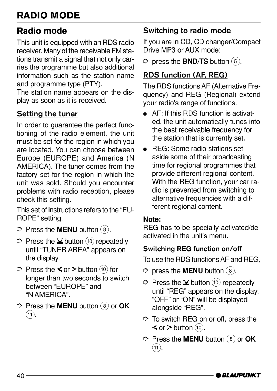 Blaupunkt CD52 Radio Mode, Radio mode, Setting the tuner, Switching to radio mode, RDS function AF, REG 