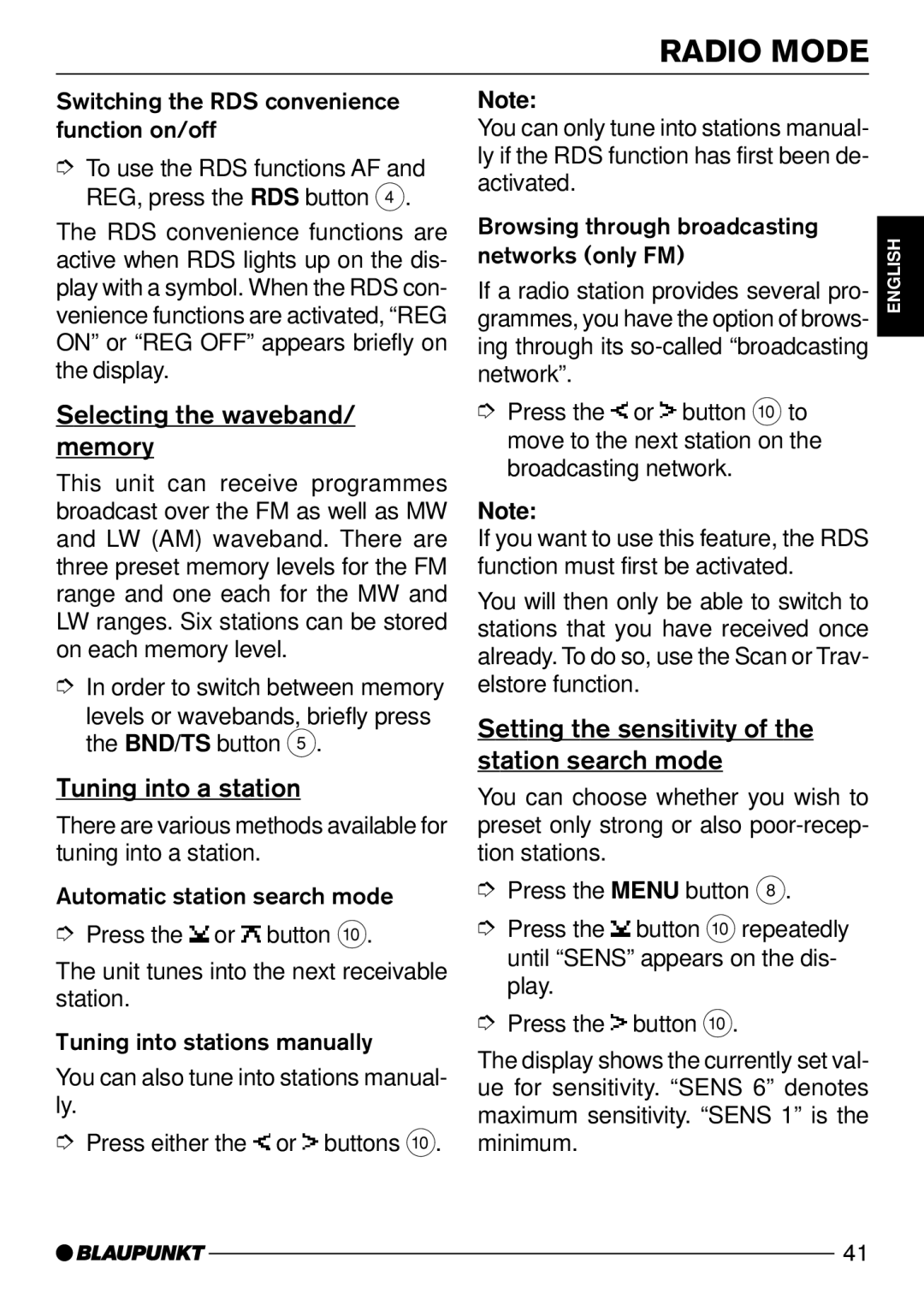 Blaupunkt CD52 Selecting the waveband/ memory, Tuning into a station, Setting the sensitivity of the station search mode 