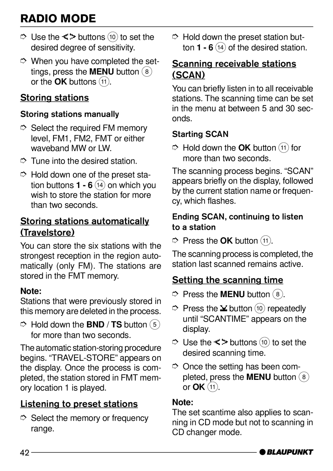 Blaupunkt CD52 Storing stations automatically Travelstore, Listening to preset stations, Setting the scanning time 