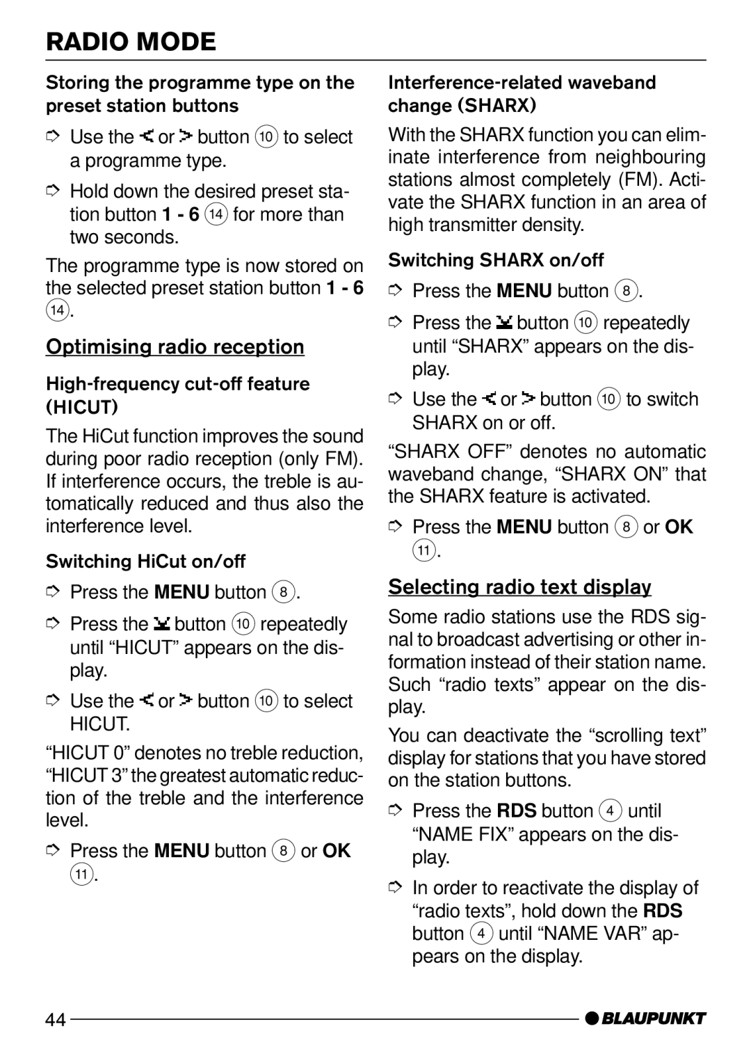 Blaupunkt CD52 operating instructions Optimising radio reception, Selecting radio text display, Hicut 