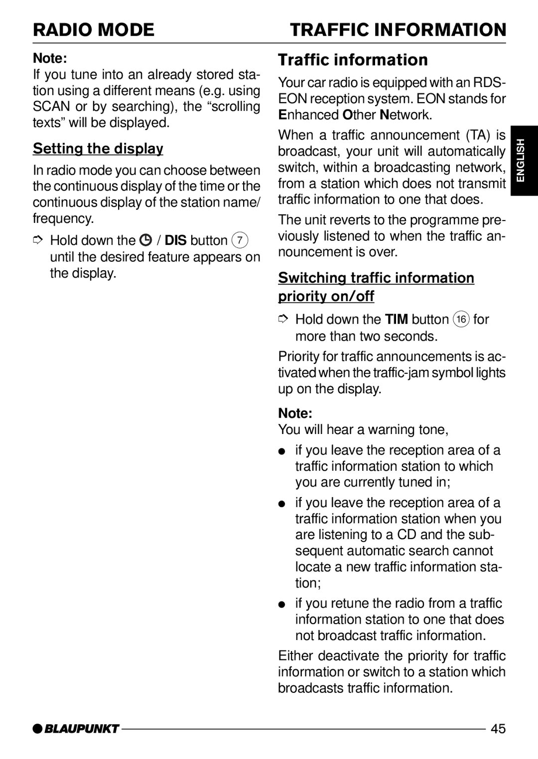 Blaupunkt CD52 operating instructions Radio Mode Traffic Information, Traffic information, Setting the display 