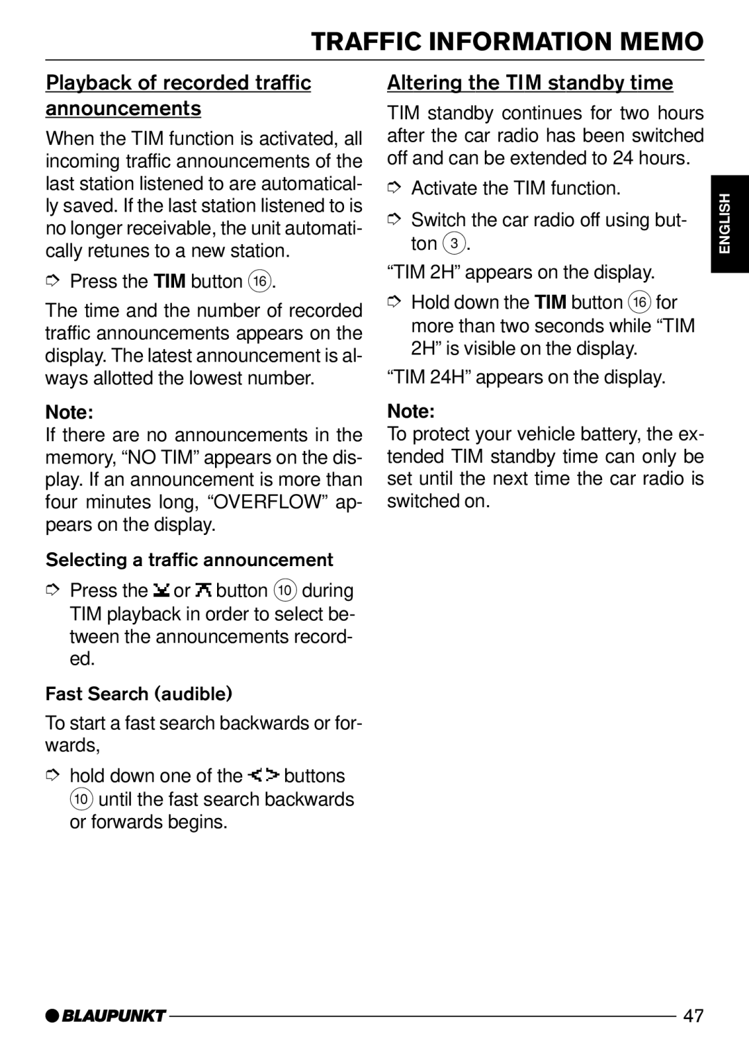 Blaupunkt CD52 Traffic Information Memo, Playback of recorded traffic announcements, Altering the TIM standby time 