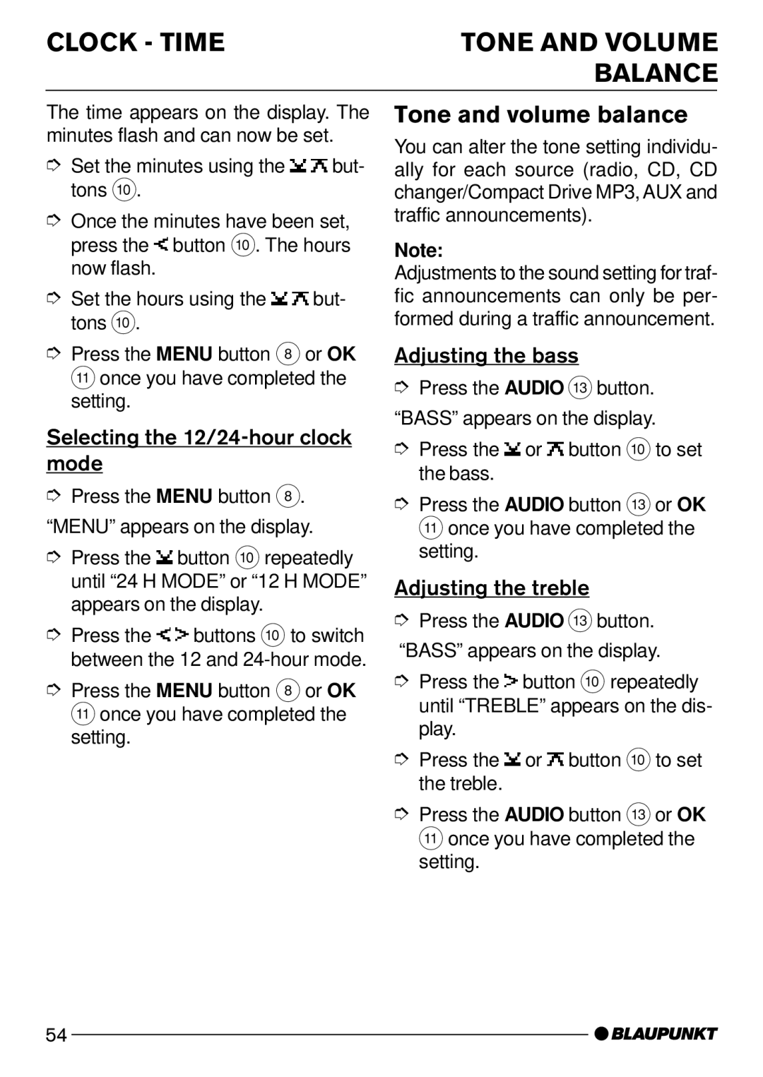 Blaupunkt CD52 Clock Time Tone and Volume Balance, Tone and volume balance, Selecting the 12/24-hour clock mode 