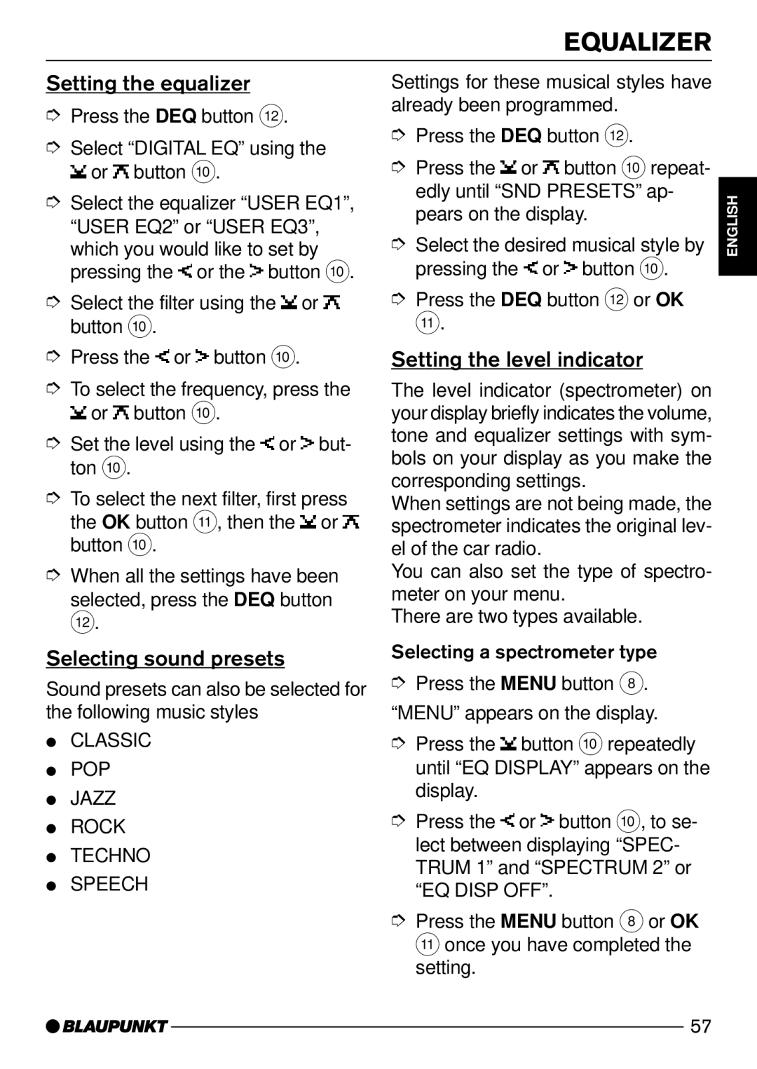 Blaupunkt CD52 operating instructions Setting the equalizer, Selecting sound presets, Setting the level indicator 