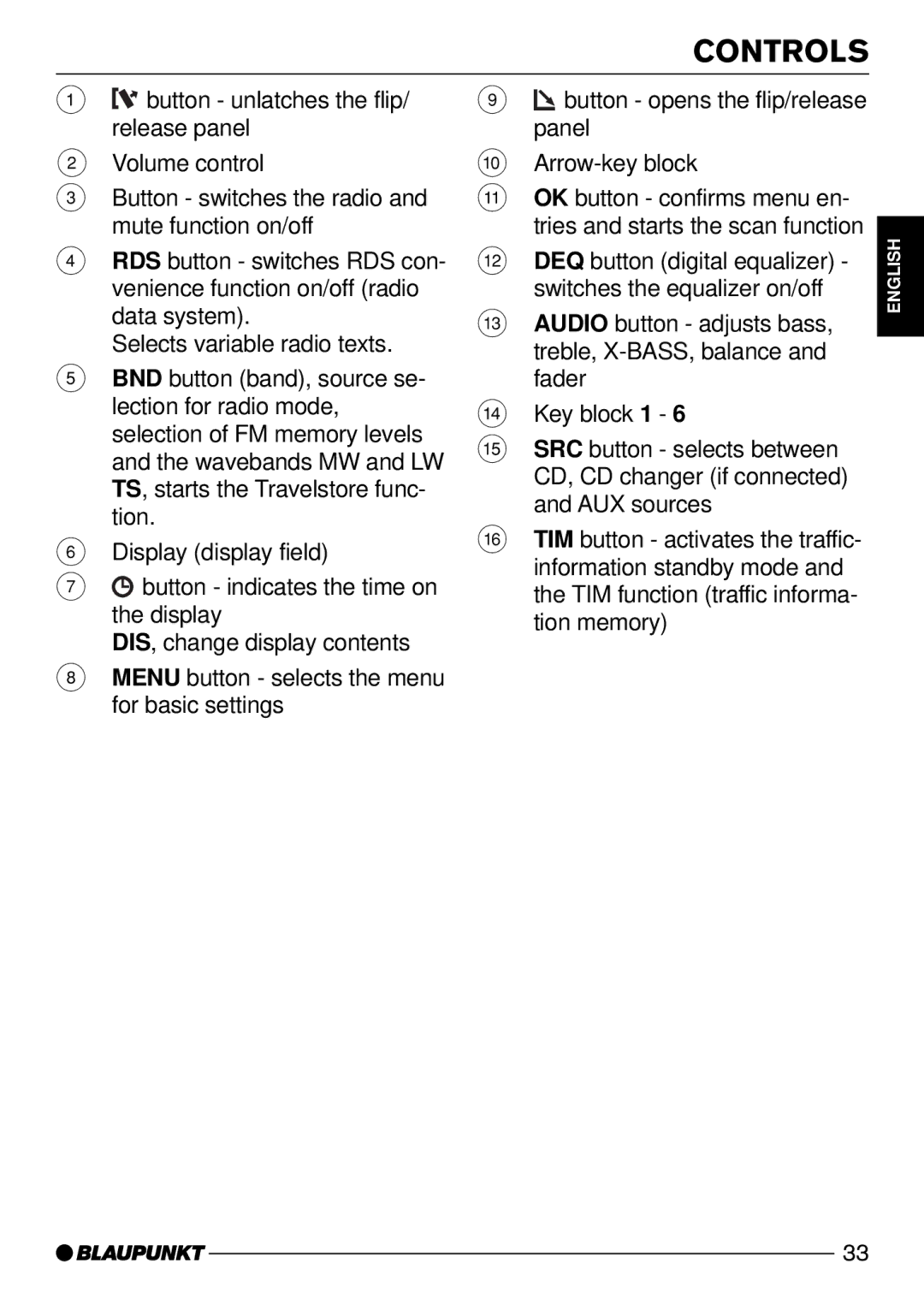 Blaupunkt CD52 operating instructions Controls 