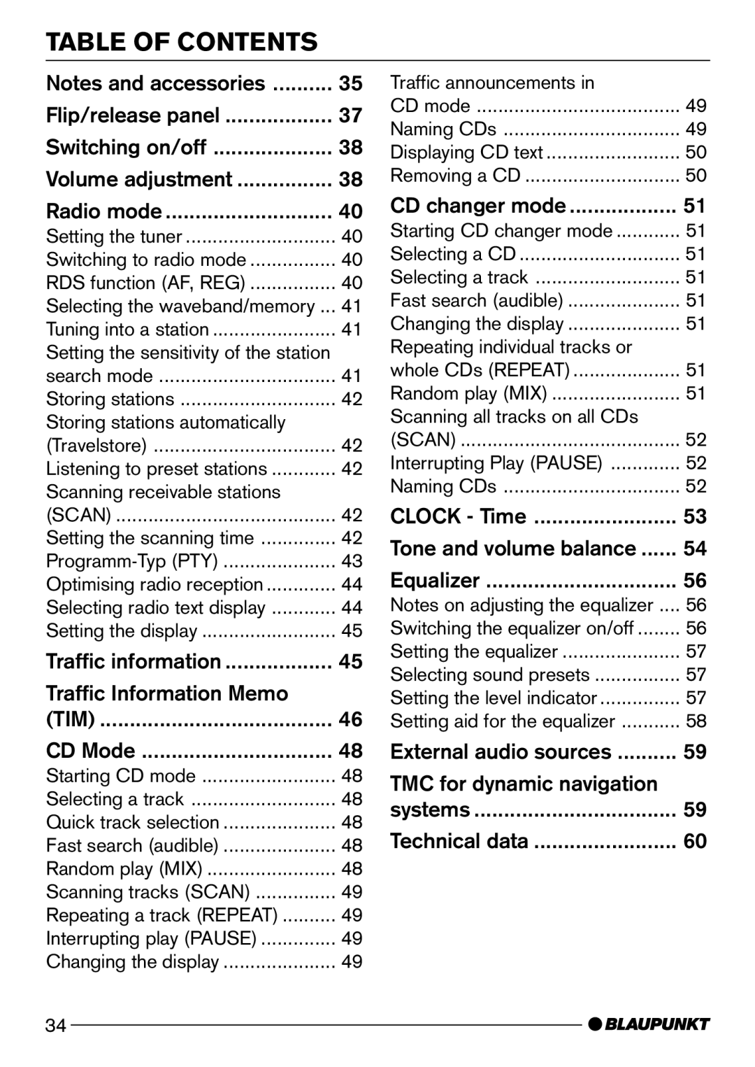 Blaupunkt CD52 operating instructions Table of Contents 