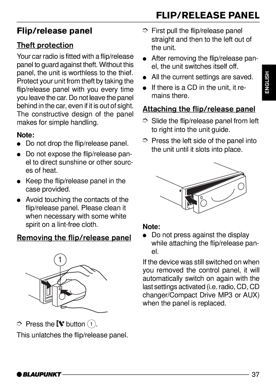 Blaupunkt CD52 FLIP/RELEASE Panel, Flip/release panel, Theft protection, Removing the flip/release panel 