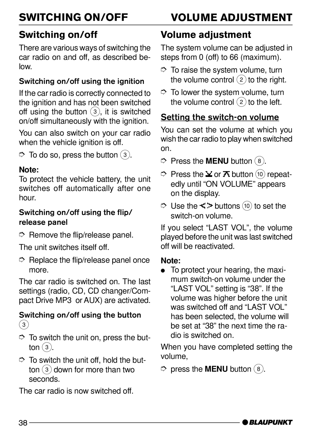 Blaupunkt CD52 operating instructions Switching ON/OFF, Switching on/off, Volume adjustment, Setting the switch-on volume 