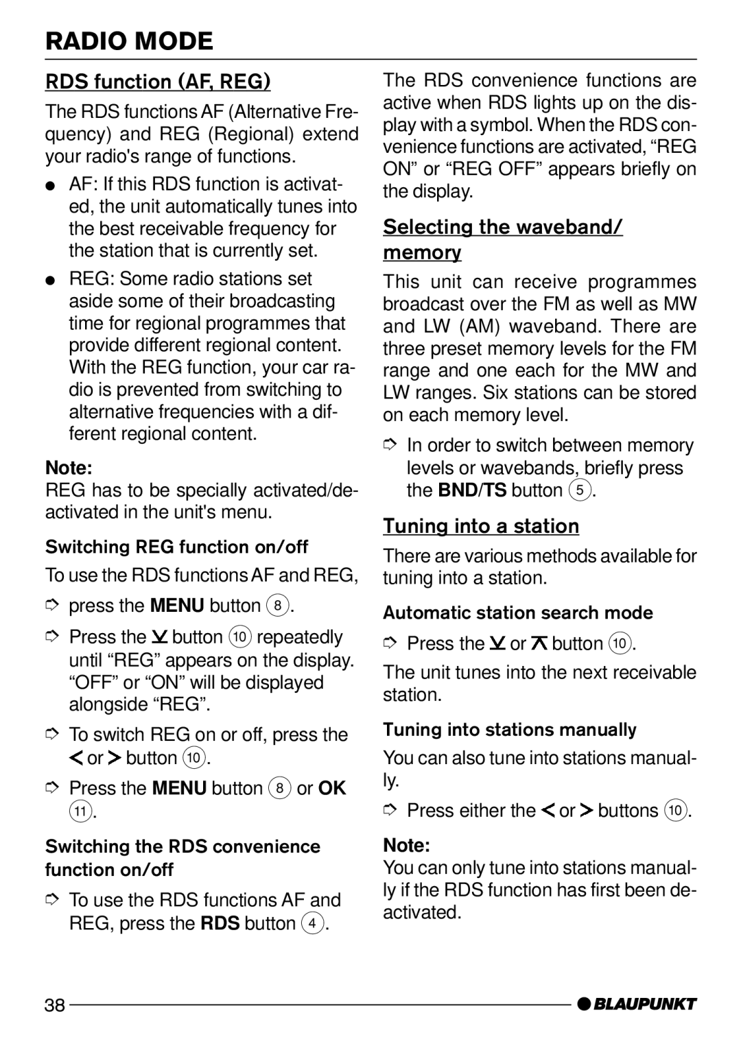 Blaupunkt CD52 operating instructions RDS function AF, REG, Selecting the waveband/ memory, Tuning into a station 