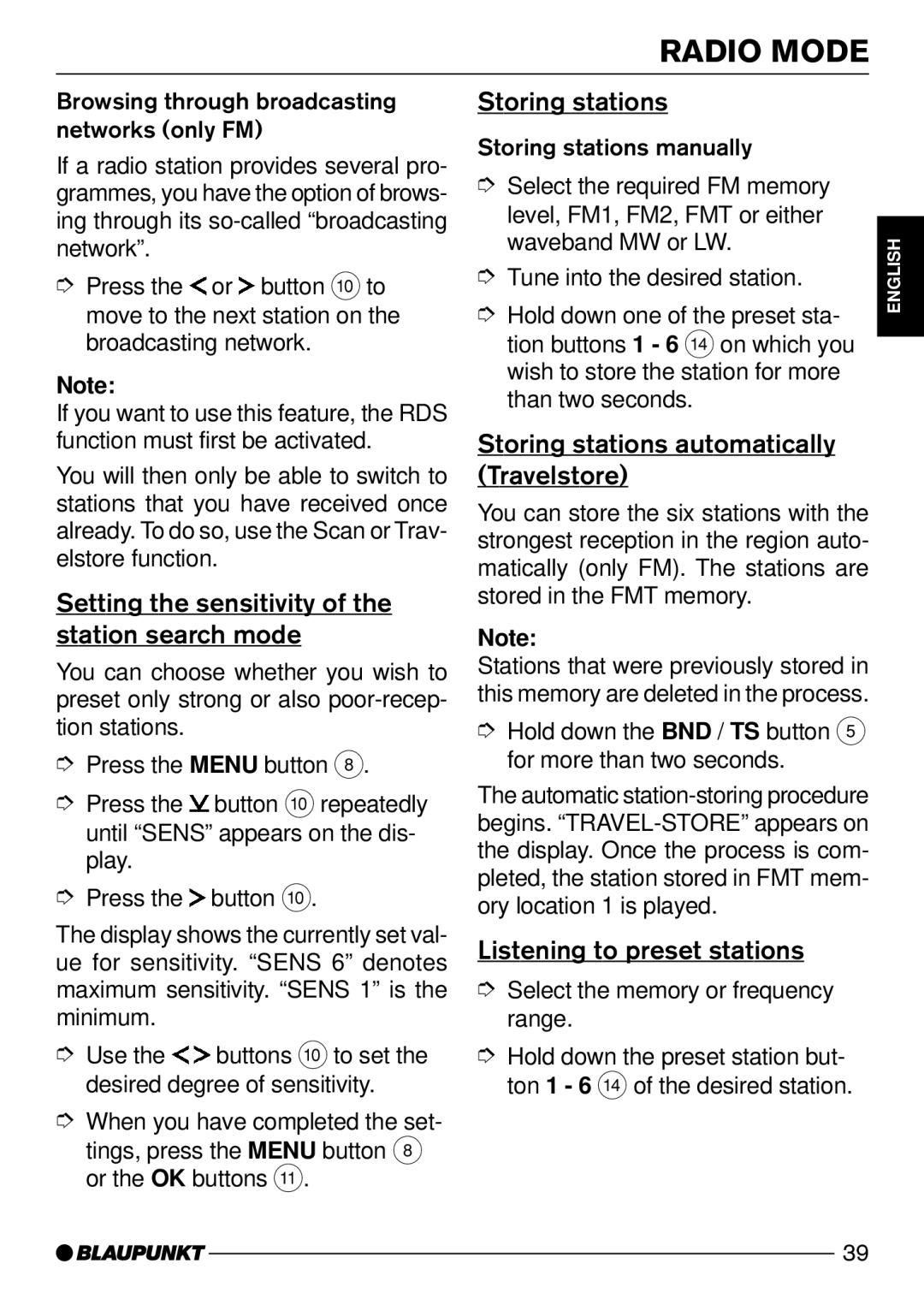 Blaupunkt CD52 Setting the sensitivity of the station search mode, Storing stations, Listening to preset stations 