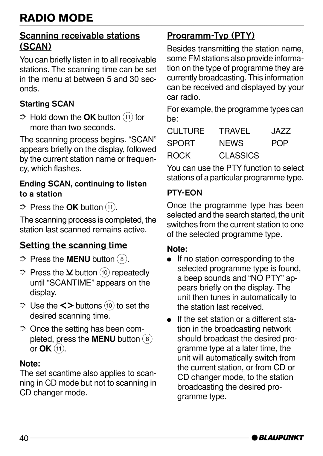 Blaupunkt CD52 operating instructions Scanning receivable stations Scan, Setting the scanning time, Programm-Typ PTY 