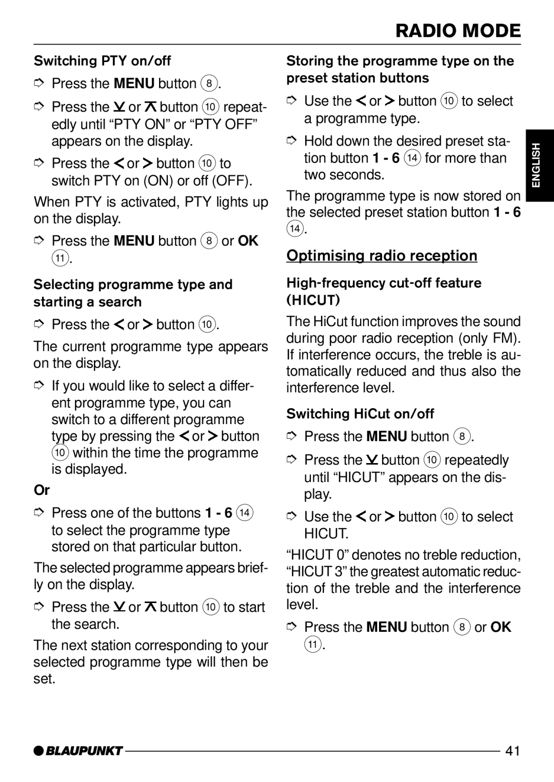 Blaupunkt CD52 operating instructions Optimising radio reception, Hicut 