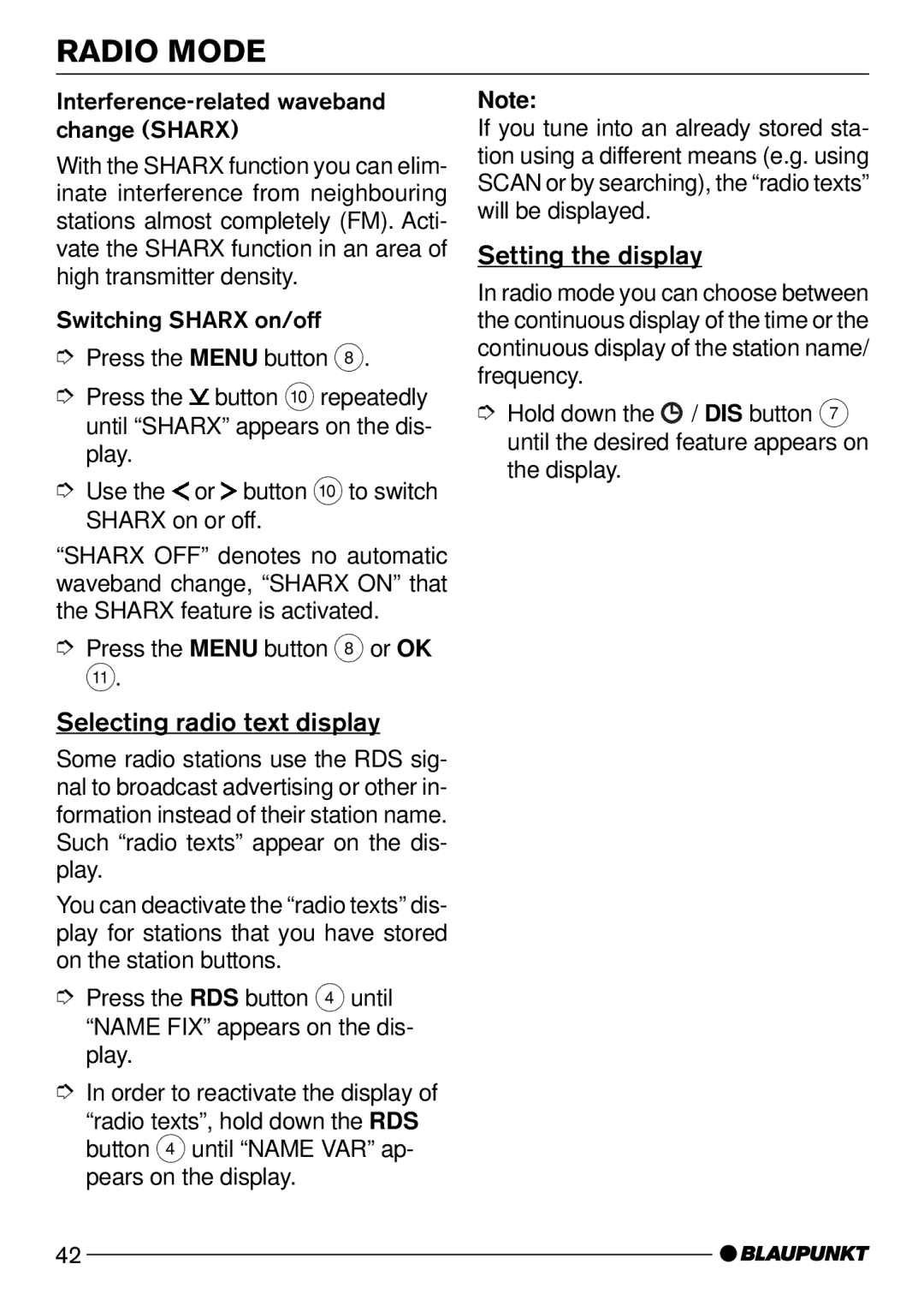 Blaupunkt CD52 operating instructions Selecting radio text display, Setting the display 