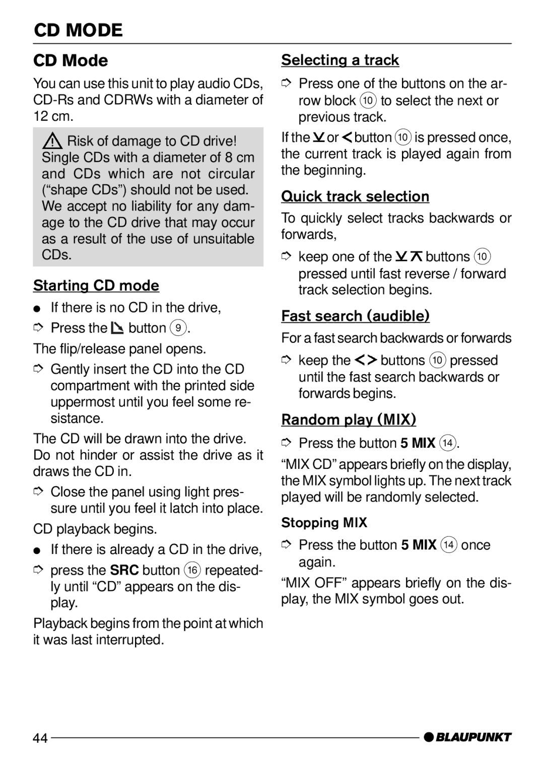 Blaupunkt CD52 operating instructions CD Mode 