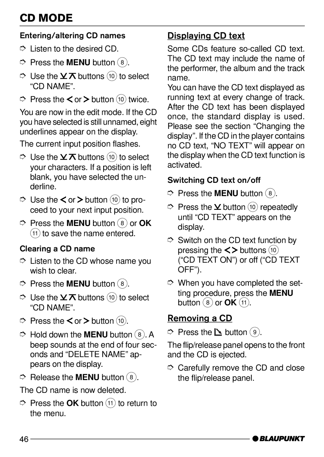 Blaupunkt CD52 operating instructions Displaying CD text, Removing a CD 