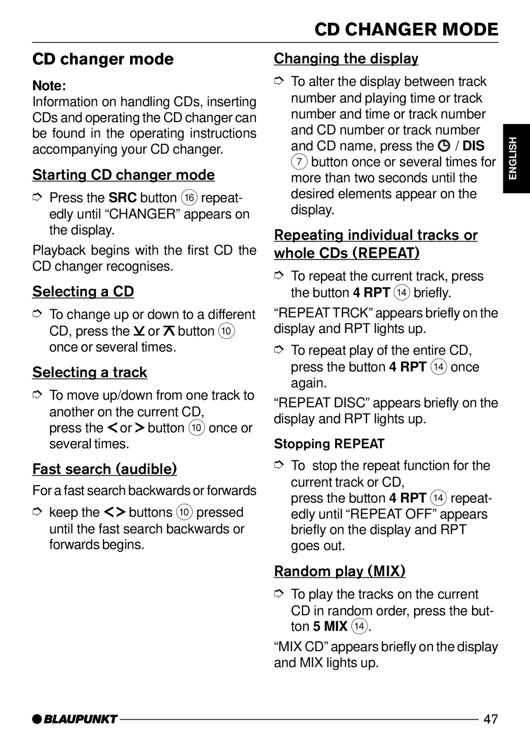 Blaupunkt CD52 operating instructions CD Changer Mode, Starting CD changer mode, Selecting a CD 