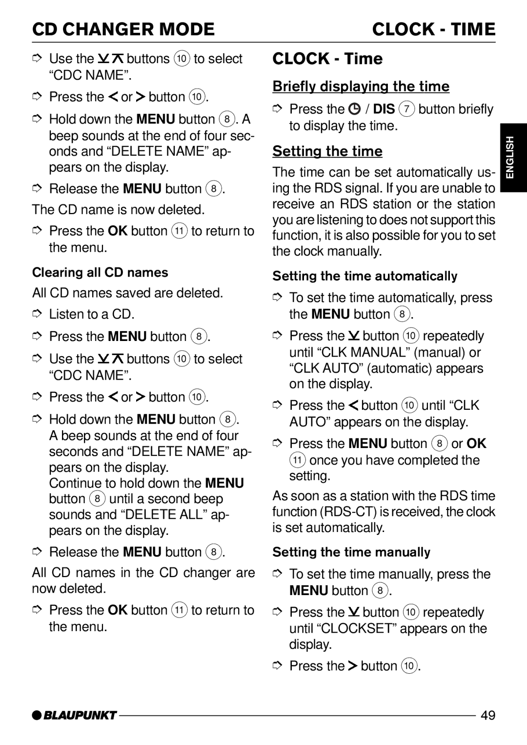 Blaupunkt CD52 operating instructions CD Changer Mode Clock Time, Briefly displaying the time, Setting the time 