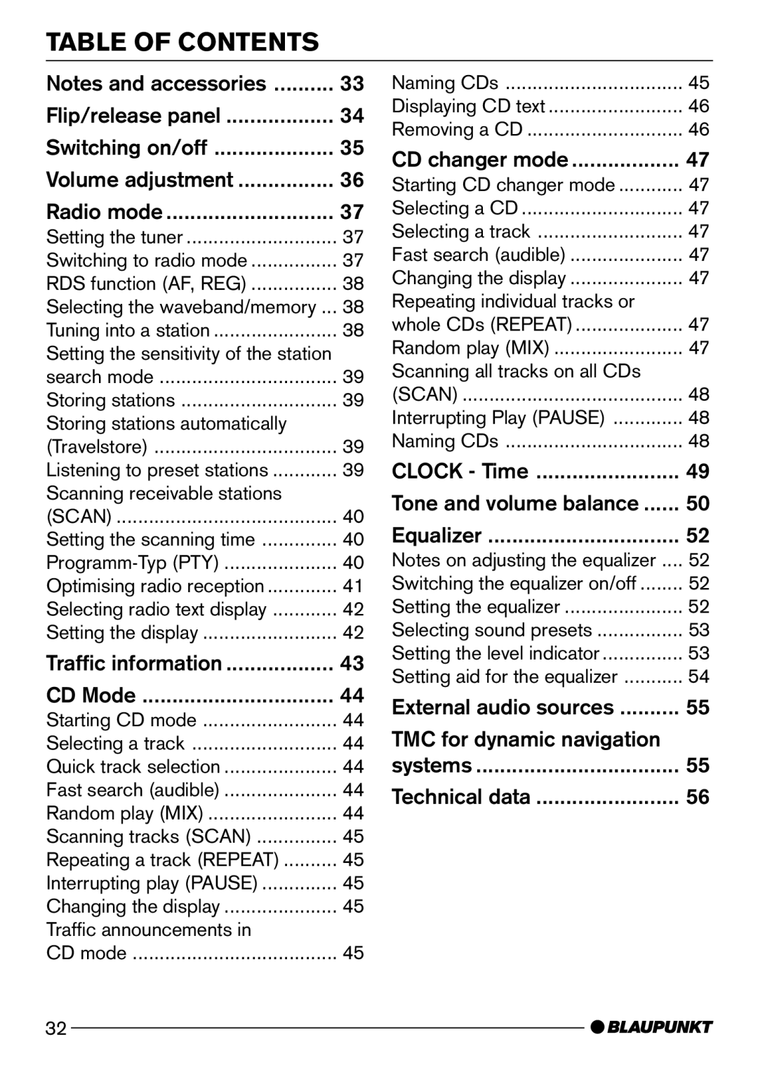 Blaupunkt CD52 operating instructions Table of Contents 