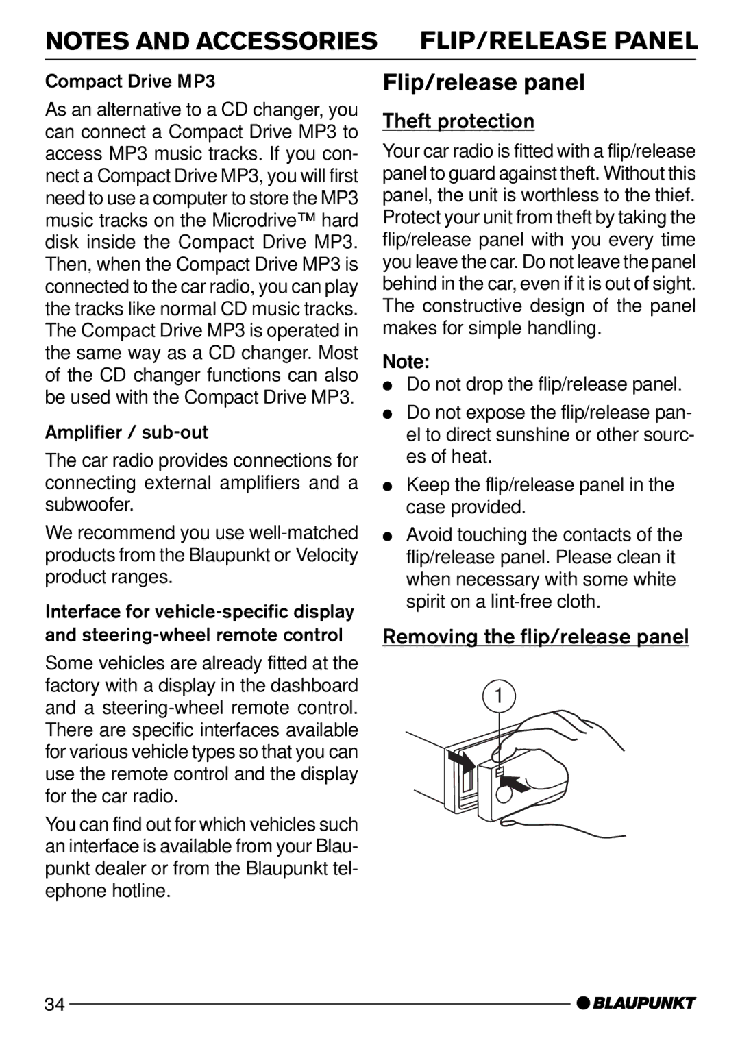 Blaupunkt CD52 operating instructions Flip/release panel, Theft protection, Removing the flip/release panel 