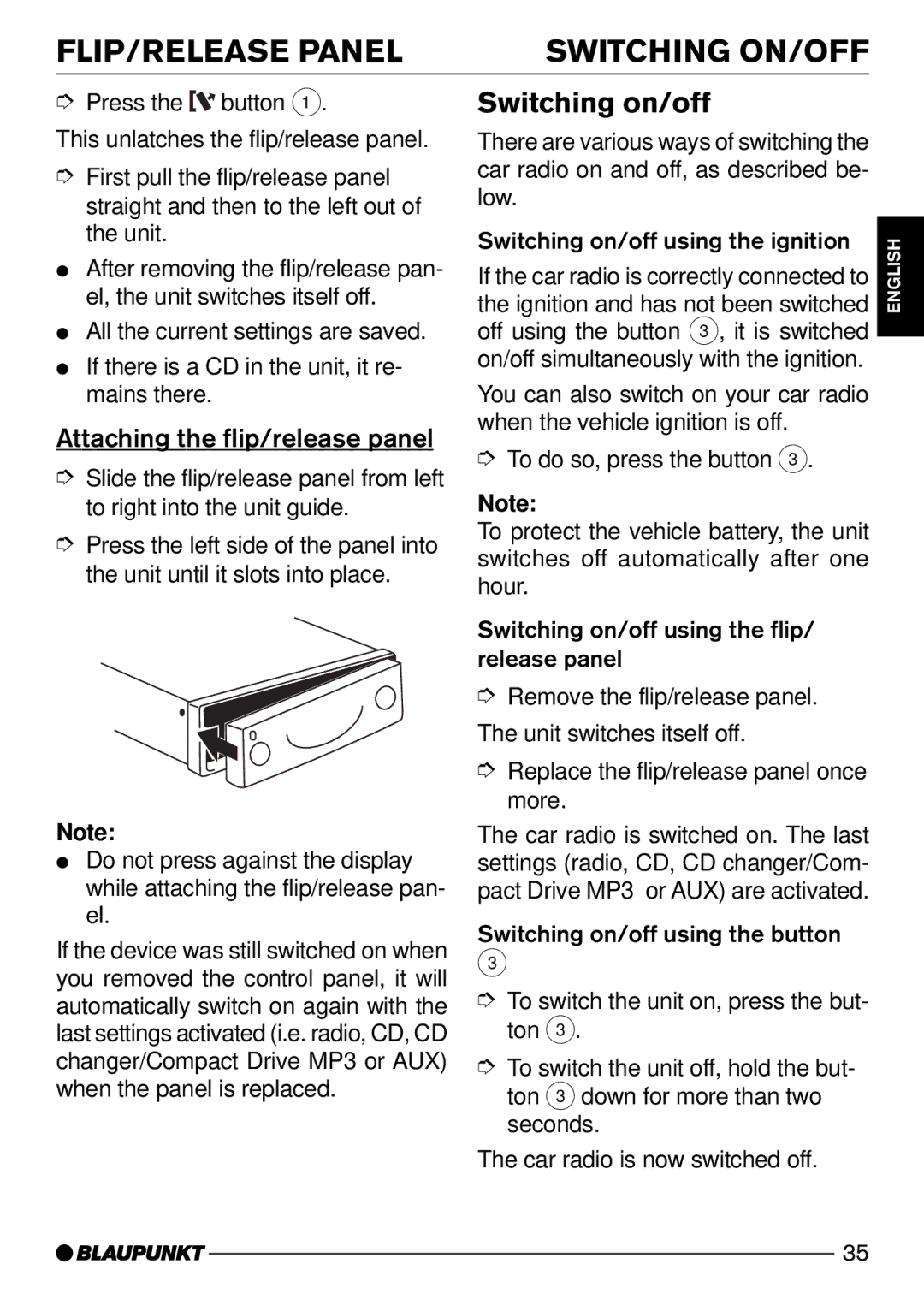 Blaupunkt CD52 FLIP/RELEASE Panel Switching ON/OFF, Switching on/off, Attaching the flip/release panel 