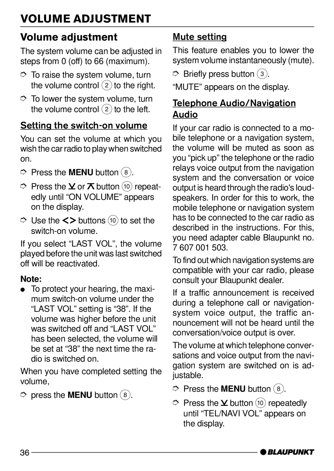 Blaupunkt CD52 operating instructions Volume Adjustment, Volume adjustment, Setting the switch-on volume, Mute setting 