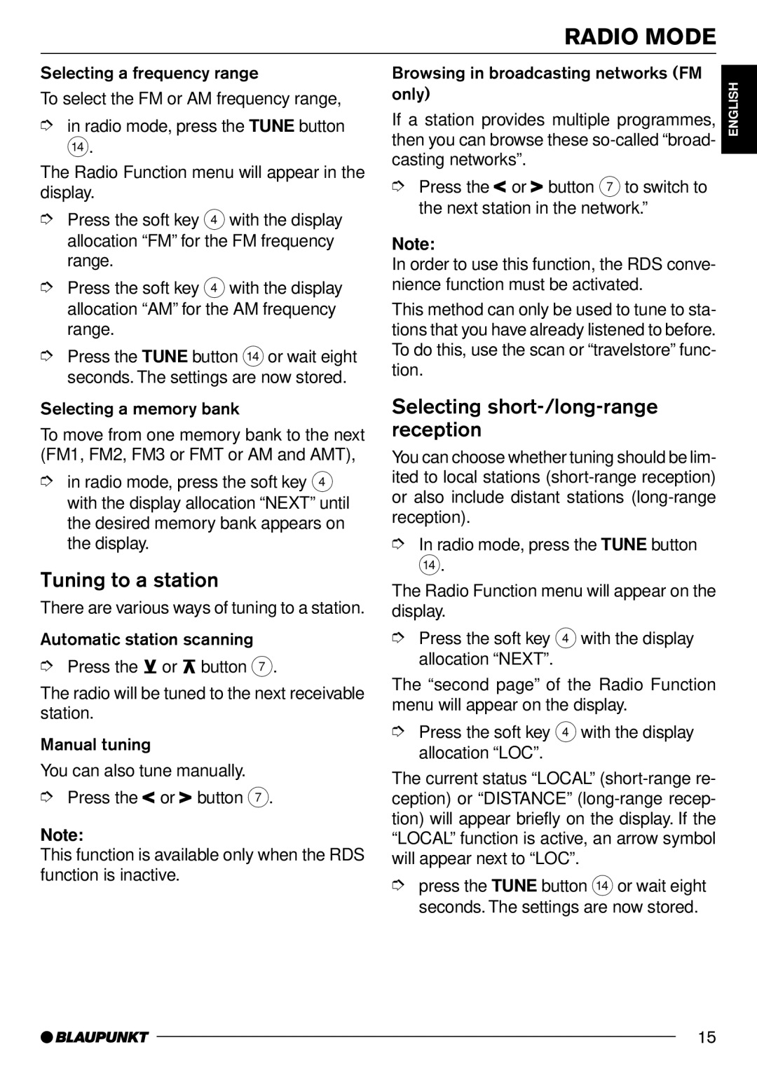 Blaupunkt CD70 operating instructions Tuning to a station, Selecting short-/long-range reception 