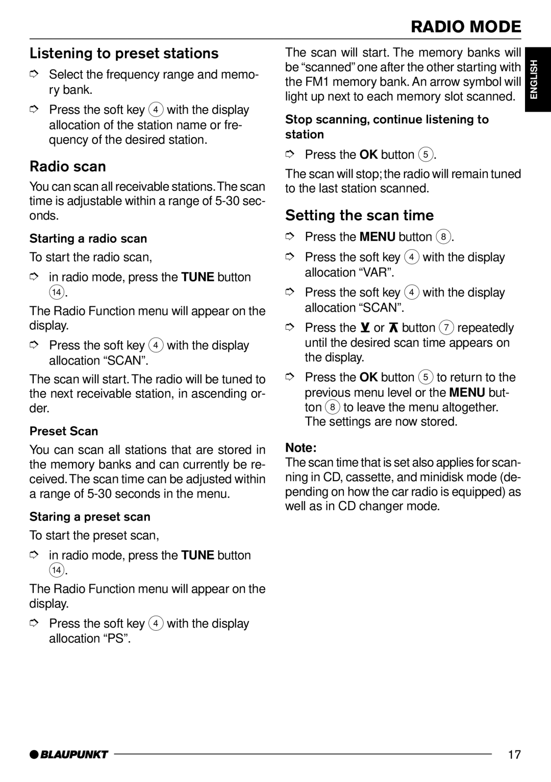 Blaupunkt CD70 operating instructions Listening to preset stations, Radio scan, Setting the scan time 