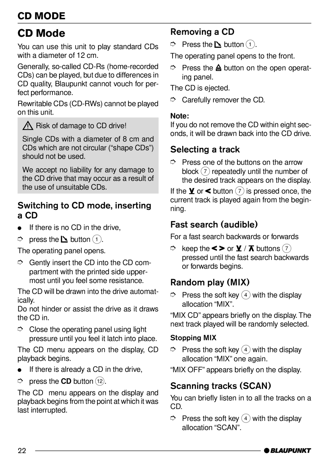 Blaupunkt CD70 operating instructions CD Mode 