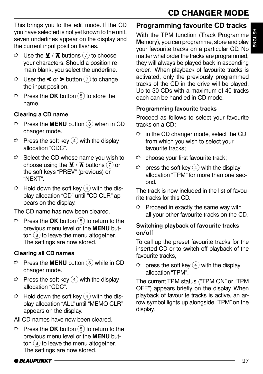 Blaupunkt CD70 operating instructions Programming favourite CD tracks 