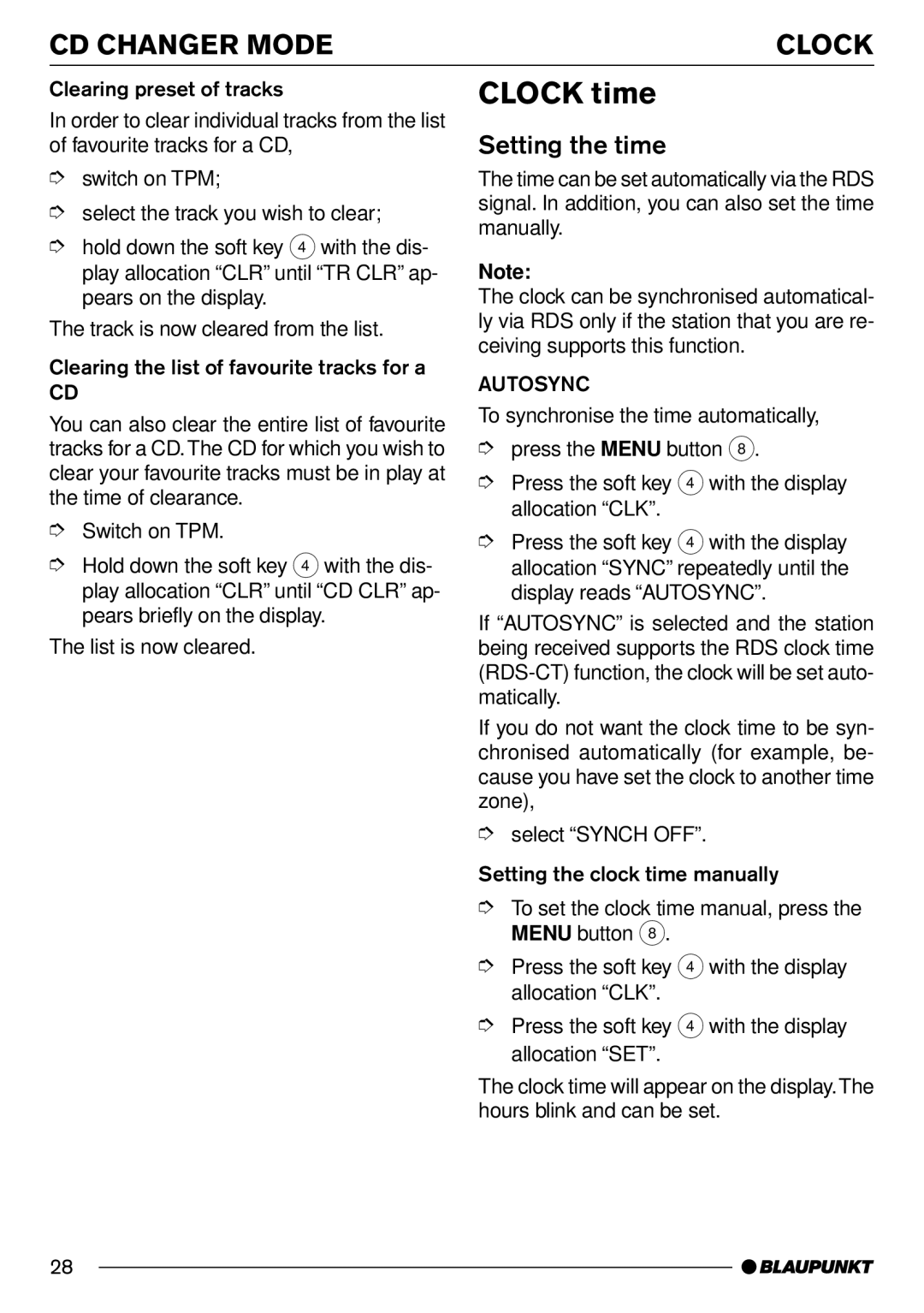 Blaupunkt CD70 operating instructions Clock time, Setting the time 